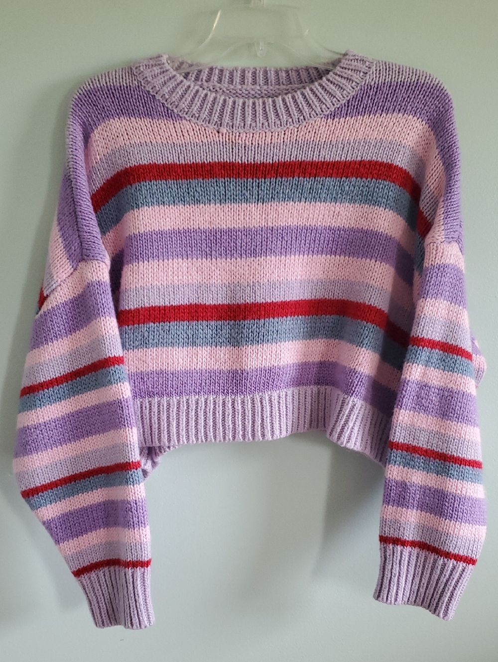 SHEIN Lavender Striped Cropped Crewneck Sweater